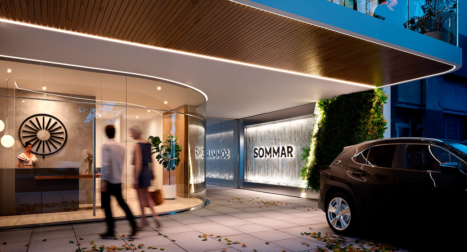 Render exterior del hall de entrada de Sommar