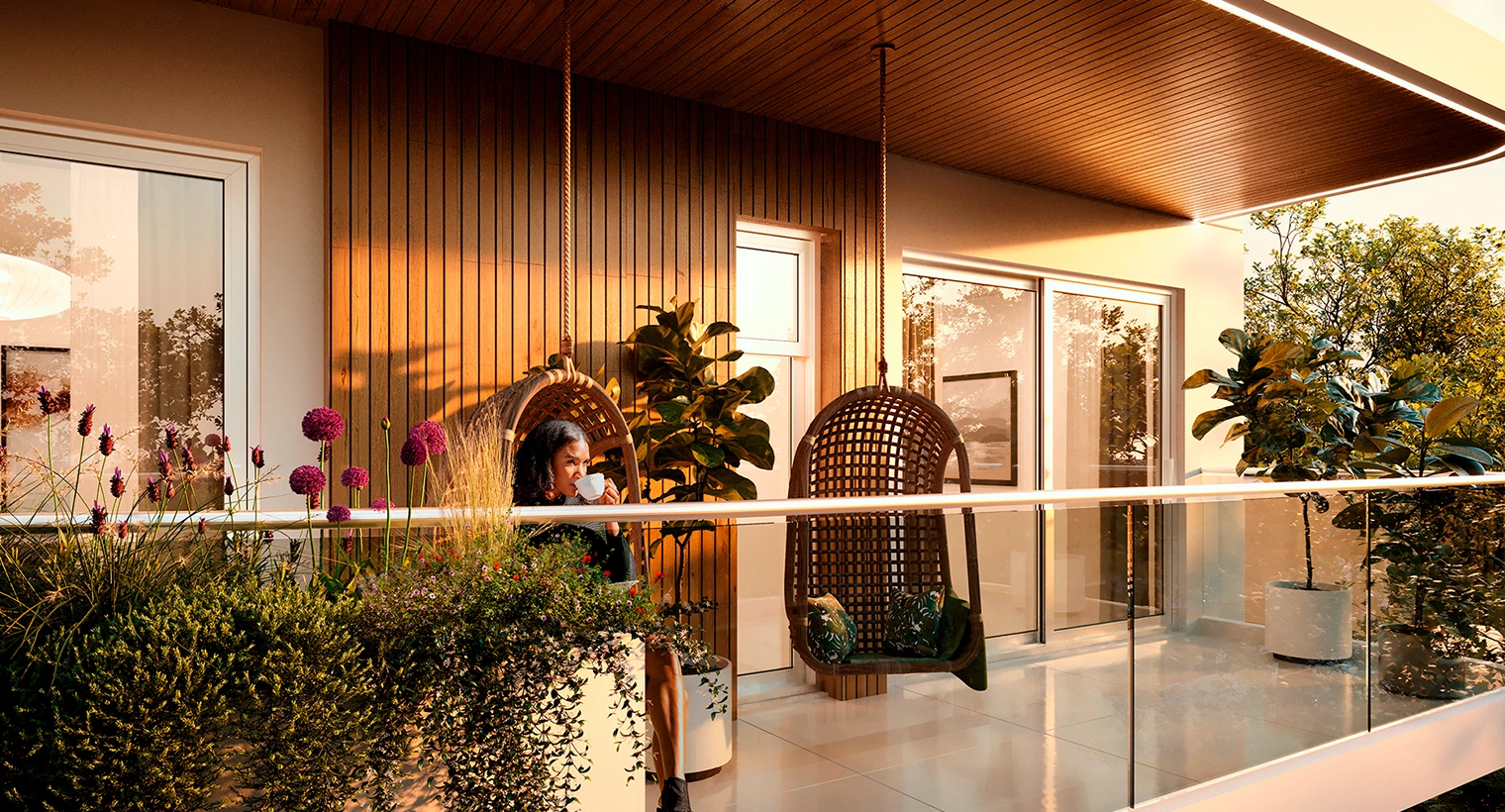Render exterior del balcón de las unidades de Sommar al atardecer