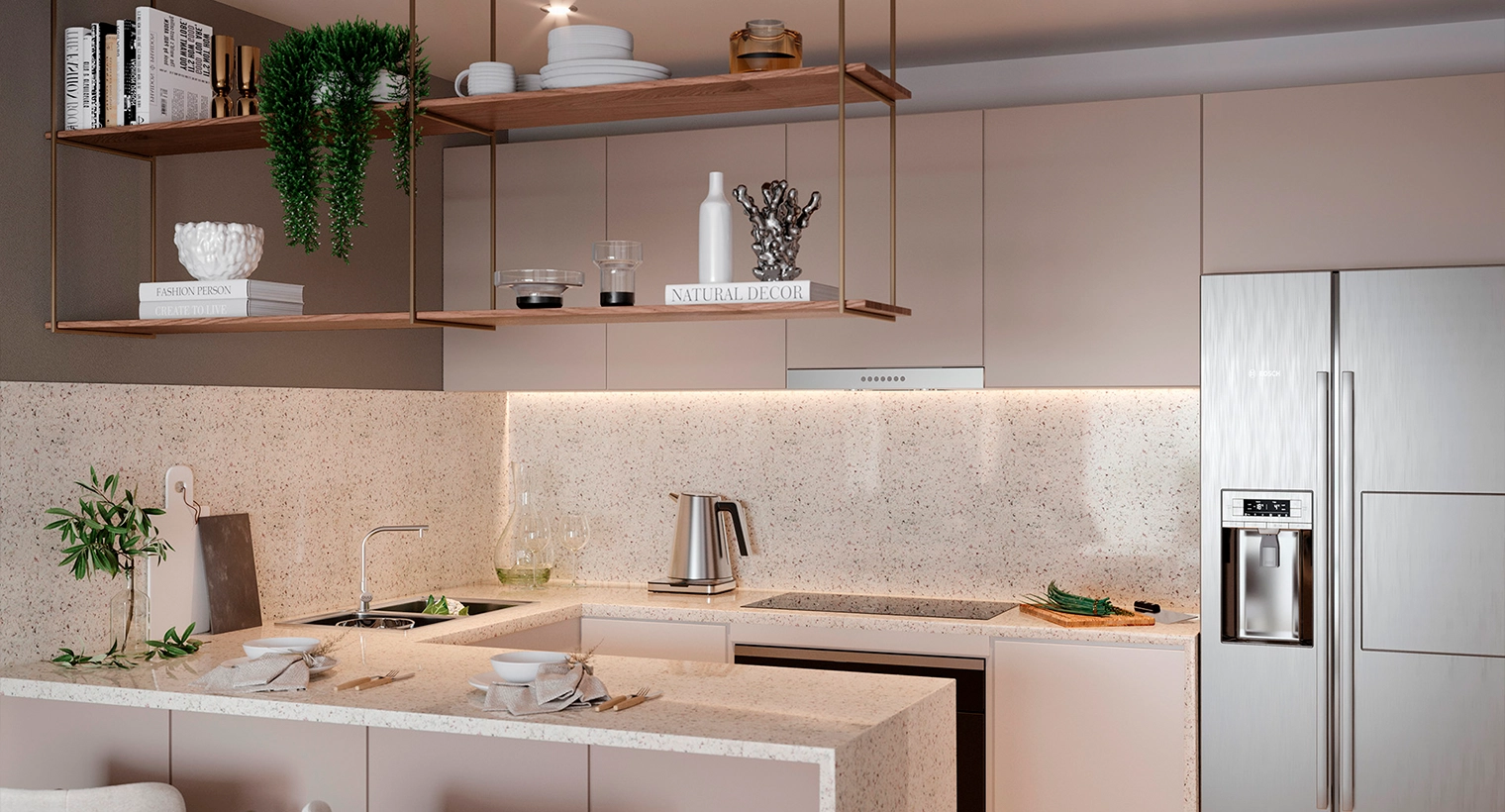 Render interior de la cocina de las unidades del edificio