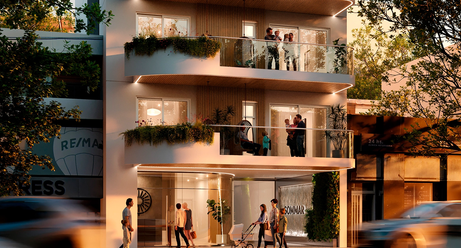 Render exterior de la fachada del edificio al atardecer